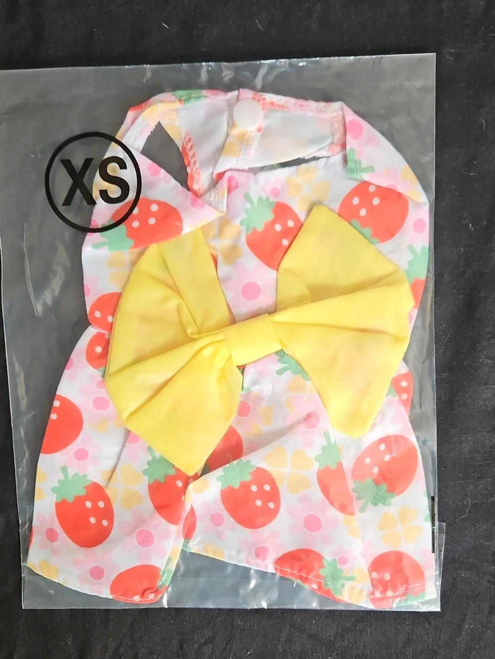 Strawberry Print Pet Dress with Yellow Bow (XS)